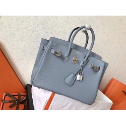 Hermes Blue Lin Birkin 25cm Clemence Handmade Bag TDBS26198