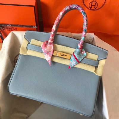 Hermes Blue Lin Birkin 30cm Clemence Handmade Bag TDBS26199