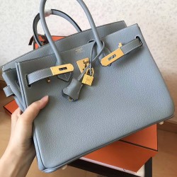 Hermes Blue Lin Birkin 30cm Clemence Handmade Bag TDBS26199