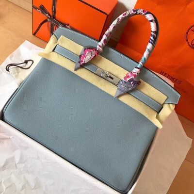 Hermes Blue Lin Birkin 35cm Clemence Handmade Bag TDBS26200