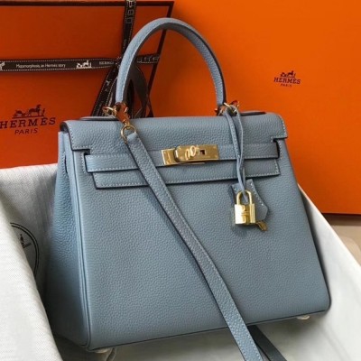 Hermes Blue Lin Clemence Kelly 25cm GHW Bag TDBS26805