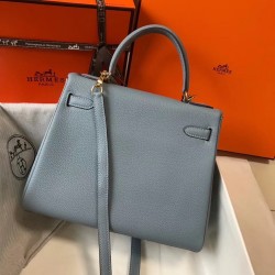 Hermes Blue Lin Clemence Kelly 25cm GHW Bag TDBS26805