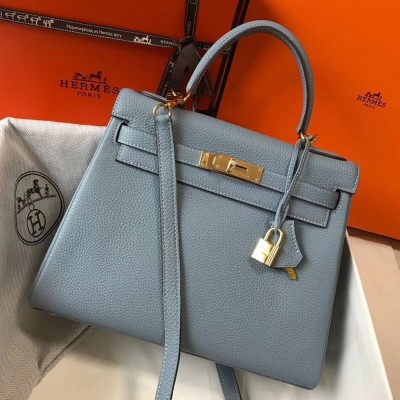 Hermes Blue Lin Clemence Kelly 28cm Bag TDBS26806