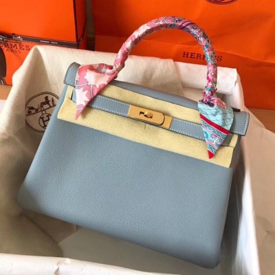 Hermes Blue Lin Clemence Kelly 28cm Handmade Bag TDBS26807