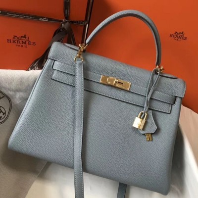 Hermes Blue Lin Clemence Kelly 32cm Retourne Bag TDBS26808