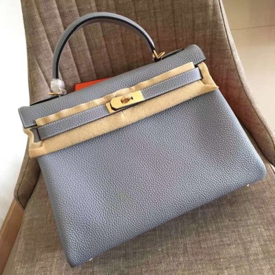 Hermes Blue Lin Clemence Kelly Retourne 32cm Handmade Bag TDBS26809