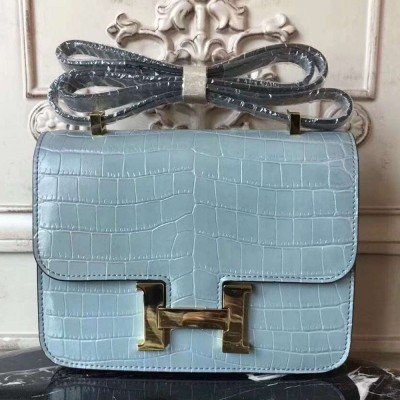 Hermes Blue Lin Constance MM 24cm Crocodile Bag TDBS26453