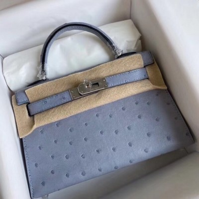 Hermes Blue Lin Ostrich Kelly Mini II Handmade Bag TDBS26810