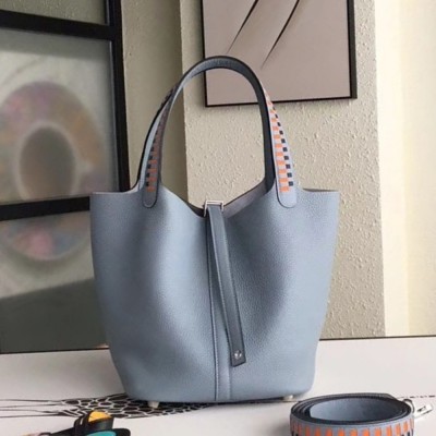 Hermes Blue Lin Picotin Lock 22cm Braided Handle Bag TDBS27509