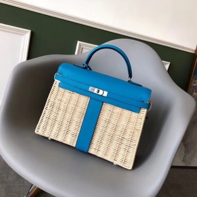 Hermes Blue Picnic Kelly 35cm Wicker Bag TDBS26813