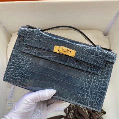 Hermes Blue Shiny Alligator Crocodile Kelly Pochette Bag TDBS26816