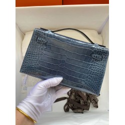 Hermes Blue Shiny Alligator Crocodile Kelly Pochette Bag TDBS26816