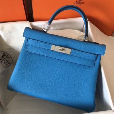 Hermes Blue Zanzibar Clemence Kelly 28cm Handmade Bag TDBS26817