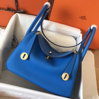 Hermes Blue Zanzibar Lindy 26cm Clemence Handmade Bag TDBS27357