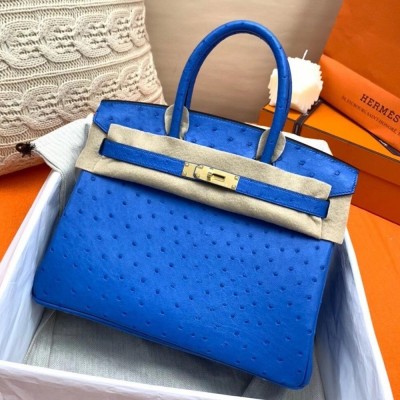 Hermes Blue Zellige Birkin 30cm Ostrich Handmade Bag TDBS26203