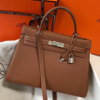 Hermes Brown Clemence Kelly 32cm Retourne Bag TDBS26827