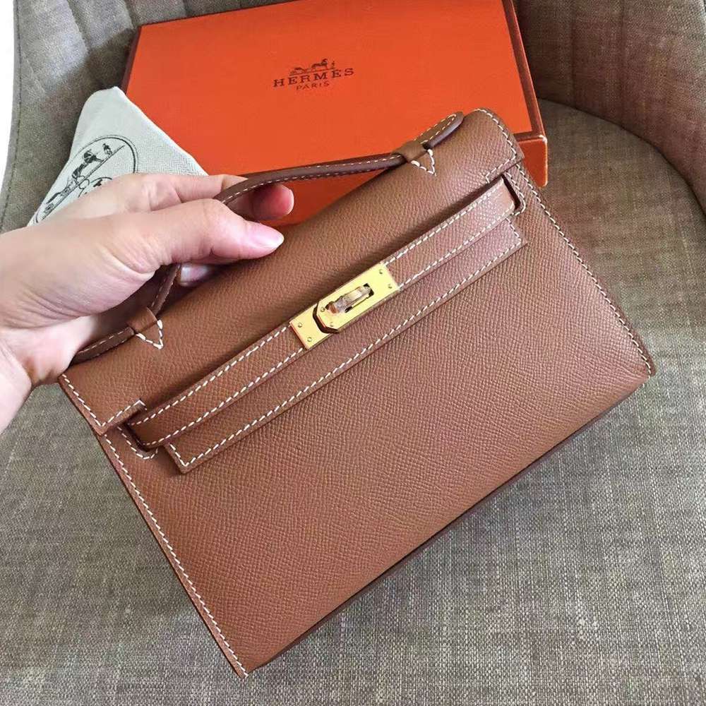 Hermes Brown Kelly Pochette Epsom Handmade Bag TDBS26830