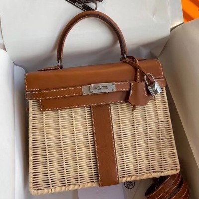 Hermes Brown Picnic Kelly 28cm Wicker Bag TDBS26831