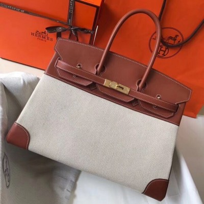 Hermes Canvas Birkin 35cm Bag With Brown Leather TDBS26221