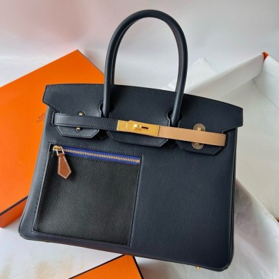 Hermes Colormatic Birkin 30 Bag in Blue Nuit, Black and Chai Swift Leather TDBS26223