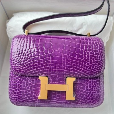 Hermes Constance 18 Handmade Bag In Purple Shiny Alligator Leather TDBS26477