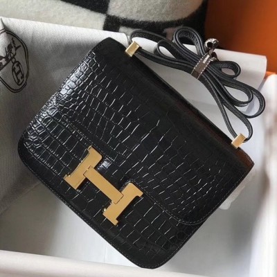 Hermes Constance 18cm Bag In Black Embossed Crocodile TDBS26483