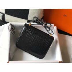 Hermes Constance 18cm Bag In Black Embossed Crocodile TDBS26483