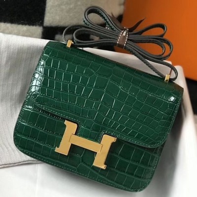 Hermes Constance 18cm Bag In Green Embossed Crocodile TDBS26485