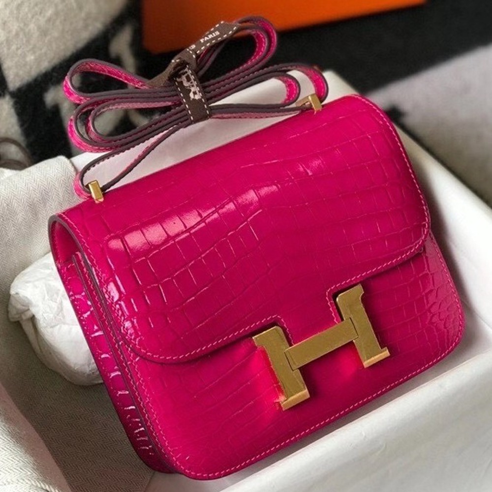 Hermes Constance 18cm Bag In Rose Red Embossed Crocodile TDBS26489