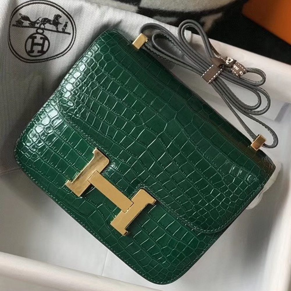 Hermes Constance 24cm Bag In Green Embossed Crocodile TDBS26495