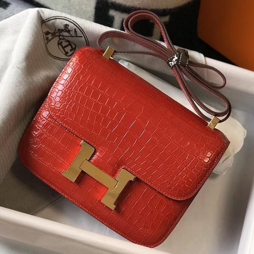 Hermes Constance 24cm Bag In Red Embossed Crocodile TDBS26499