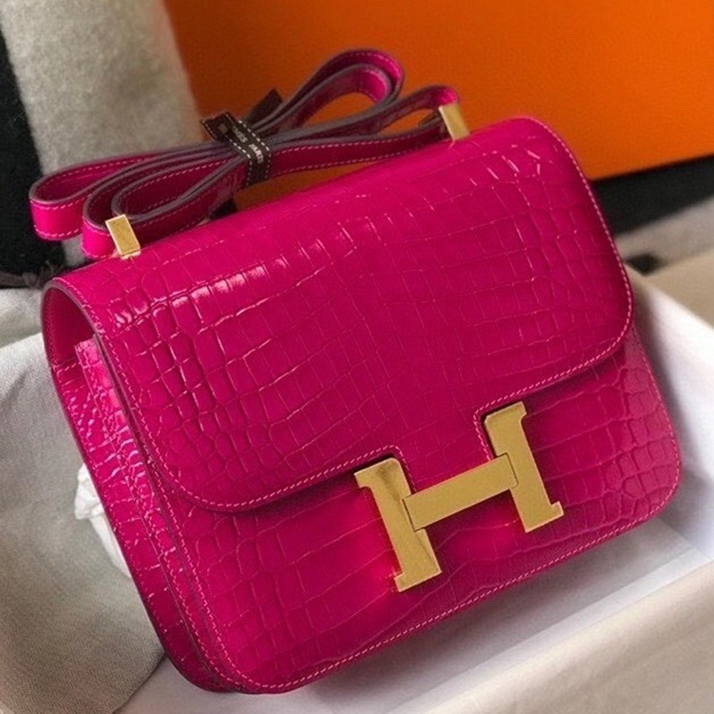 Hermes Constance 24cm Bag In Rose Red Embossed Crocodile TDBS26500