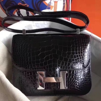 Hermes Constance 24cm Black Niloticus Crocodile TDBS26504