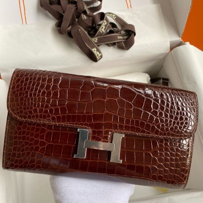 Hermes Constance To Go Wallet in Dark Brown Shiny Alligator Leather  TDBS27737