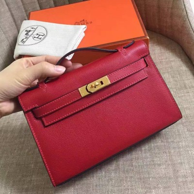 Hermes Dark Red Kelly Pochette Epsom Handmade Bag TDBS26840