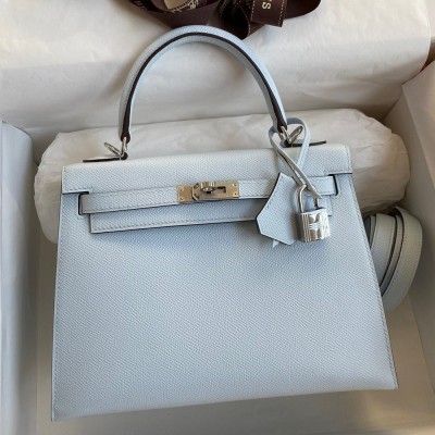 Hermes Epsom Kelly 25cm Sellier Handmade Blue Brume Bag TDBS26845