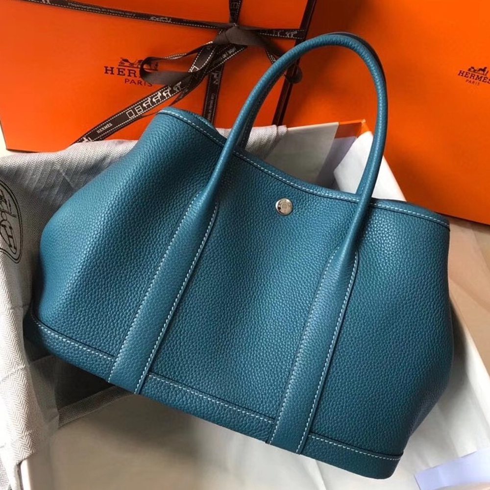 Hermes Garden Party 30 Bag In Blue Jean Clemence Leather TDBS26670