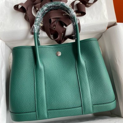 Hermes Garden Party 30 Handmade Bag in Malachite Clemence Leather TDBS26687