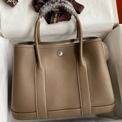 Hermes Garden Party 30 Handmade Bag in Taupe Clemence Leather  TDBS26689