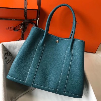 Hermes Garden Party 36 Bag In Blue Jean Clemence Leather TDBS26695