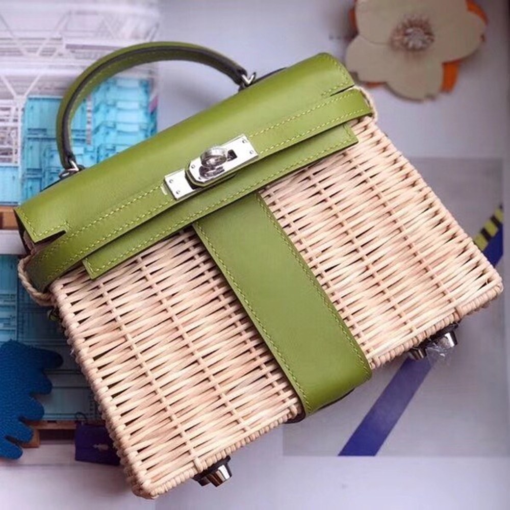 Hermes Green Picnic Kelly Mini 20cm Wicker Bag TDBS26874