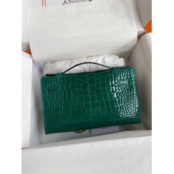 Hermes Green Shiny Alligator Crocodile Kelly Pochette Bag TDBS26875