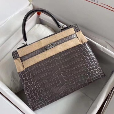 Hermes Grey Kelly 25cm Shiny Niloticus Crocodile Skin Bag TDBS26882