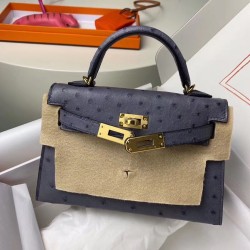 Hermes Gris Agate Ostrich Kelly Mini II Handmade Bag TDBS26884