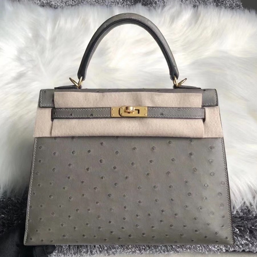 Hermes Gris Asphalt Ostrich Kelly 25cm Handmade Bag TDBS26887