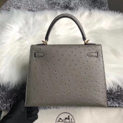 Hermes Gris Asphalt Ostrich Kelly 25cm Handmade Bag TDBS26887