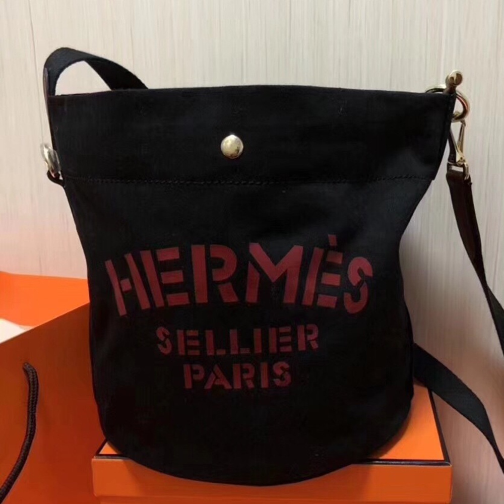 Hermes Grooming Bucket Bag In Black Canvas TDBS26381