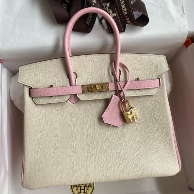 Hermes HSS Birkin 25 Bicolor Bag in Craie and Pink Chevre Mysore Leather  TDBS26246