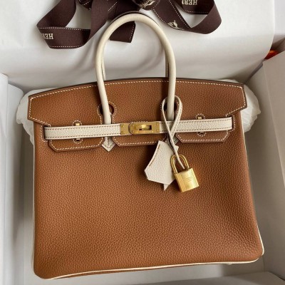 Hermes HSS Birkin 25 Bicolor Bag in Gold and Craie Clemence Leather TDBS26247