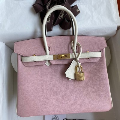 Hermes HSS Birkin 25 Bicolor Bag in Pink and Craie Chevre Mysore Leather TDBS26249